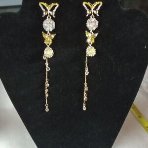 Gold Tone Butterfly Earrings With Rhinestones #A291